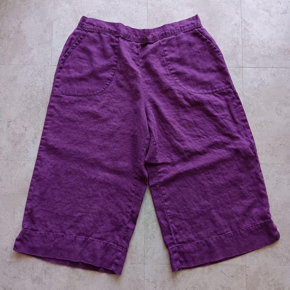 FLAX Pants M Linen Wide Leg Cropped Capri High Waist Pull On Purple
